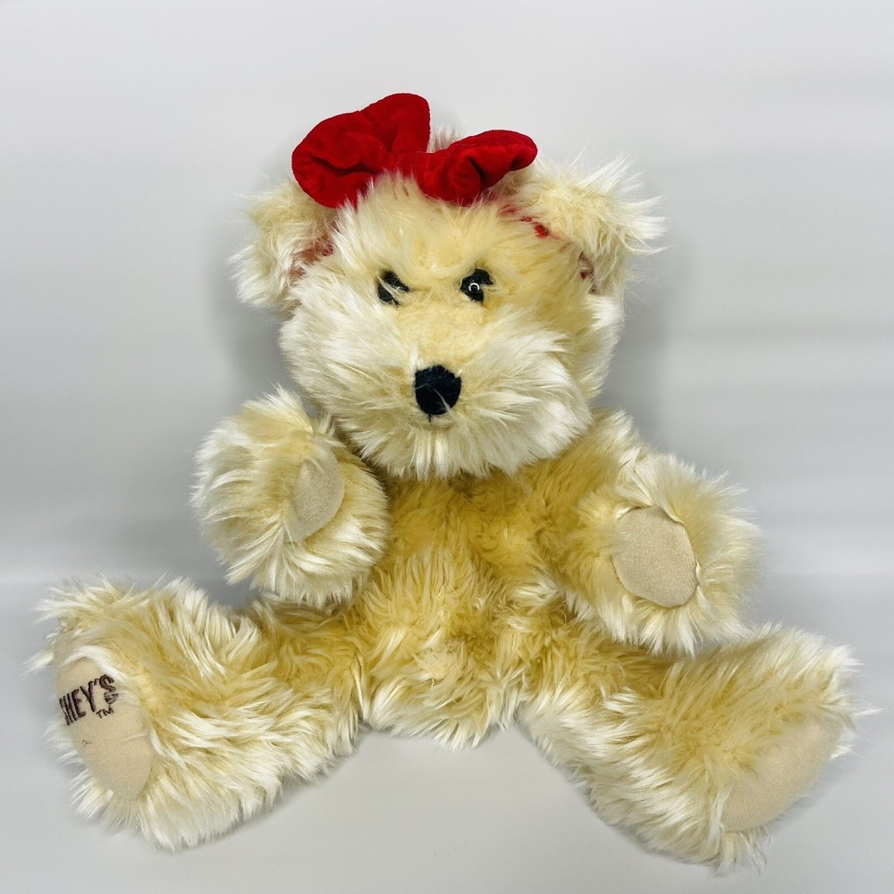 VINTAGE HERSHEY'S KISSES SOFT SHAGGY TEDDY BLONDE BEAR RED BOW PLUSH TOY 11"‎
